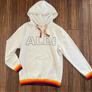 Aldi Gear Retro Hoodie Rainbow Trim Medium Pullover Sweatshirt White Logo Comfy
